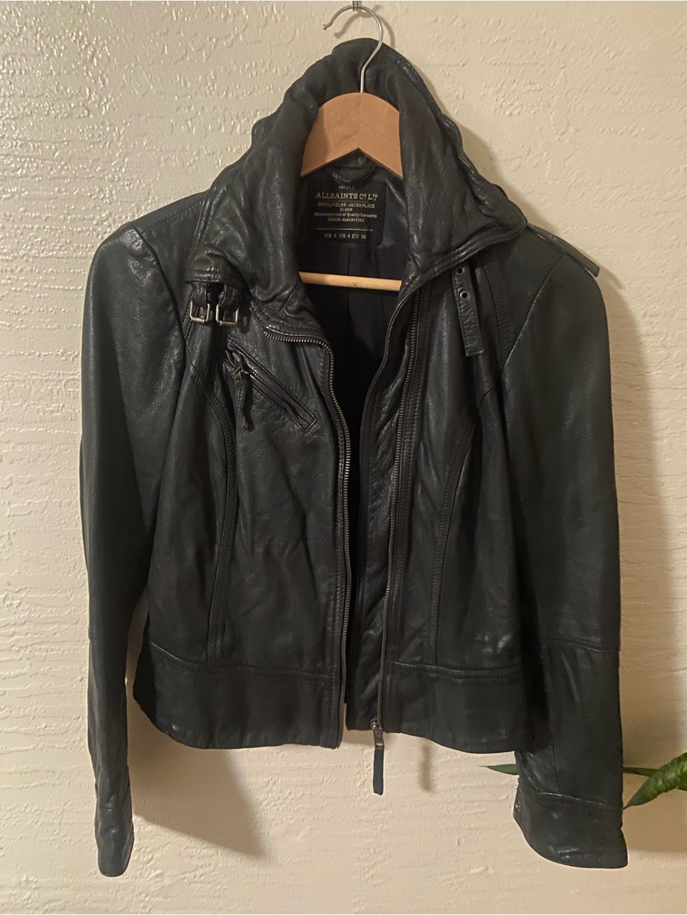All Saints Black Leather Biker Jacket with Buckle Collar